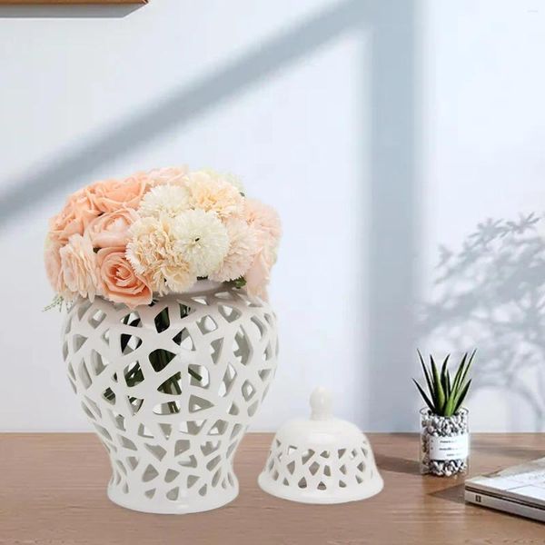 Frasco de gengibre branco com tampa vaso de cerâmica pintado à mão para arranjo floral de mesa