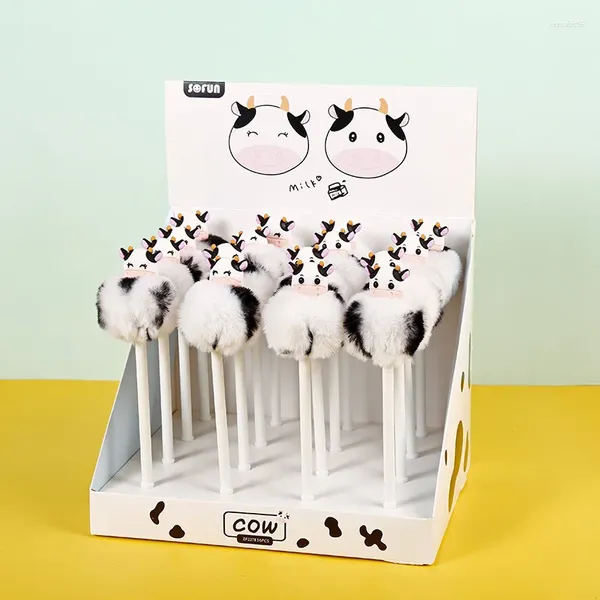 16 Pz/lotto Creativo Simpatico Cartone Animato Peluche Mucca Presse Push Neutro Penna Gel 0.5mm Strumento di Scrittura Ufficio Scolastico Forniture Regalo di Cancelleria