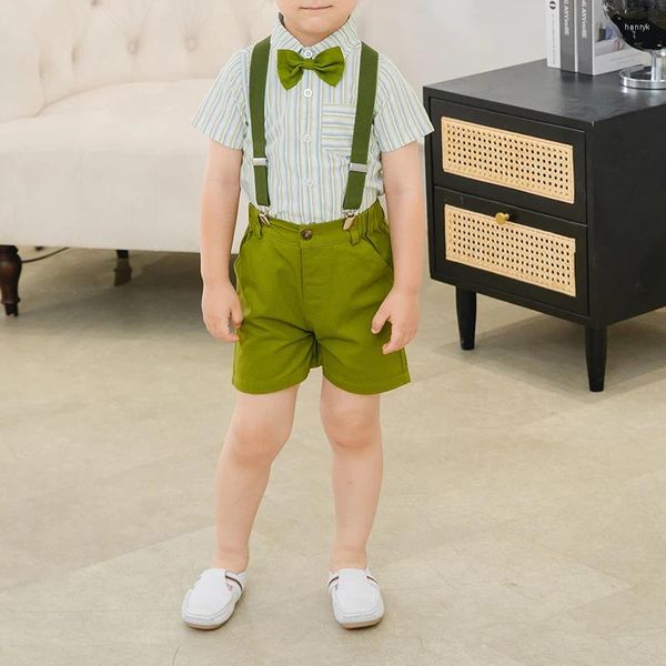 Conjuntos de roupas bebê menino verão shorts outfits criança cavalheiro terno manga curta camisa listrada gravata borboleta cor sólida suspender
