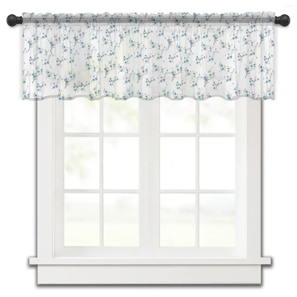 Cortina aquarela flor planta azul pequena janela tule transparente curto quarto sala de estar decoração de casa cortinas voile