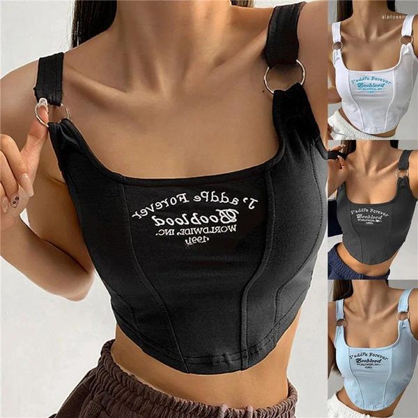 Frauen Tanks Frauen Y2k Tops Brief Drucken Kurze Tank Unregelmäßige Crop Top Schnalle Weste Boob Tube Stickerei Hosenträger mit Bh