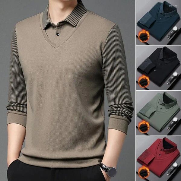 Herren-T-Shirts, Herren-Pullover, mittleres Alter, formeller Business-Stil, gestreifter Pullover mit Plüsch, warm gestrickt, weich, langärmelig, für den Herbst