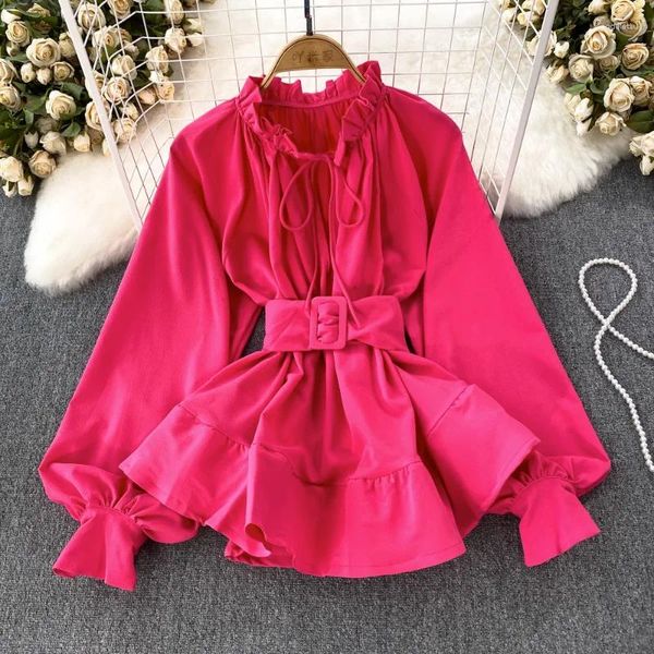 Damenblusen, schicke Bluse für Frauen, einfarbig, Rüschen, Blusa Feminina, Laternenärmel, Damenoberteile und Schößchen, koreanische Mode, Dropship