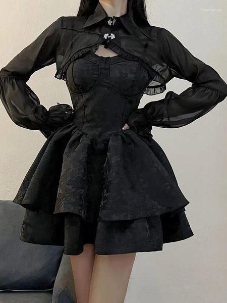Vestidos casuais houzhou preto sexy lolita vestido mulheres gótico vintage mini harajuku manga longa fada conjuntos de festa de duas peças