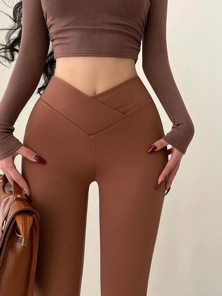 Pantaloni da donna WOMENGAGA Vita alta a forma di V Stretti peluche addensati Micro svasati Moda casual Donne coreane sexy 1N0A