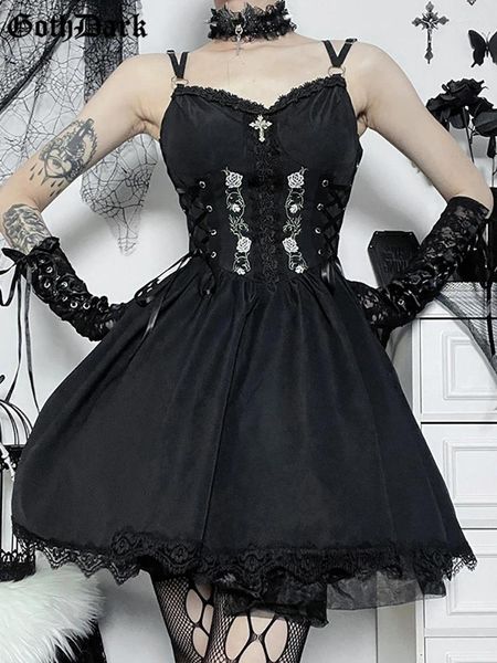 Vestidos casuais goth escuro lolita gótico estética bandagem espartilho estilo grunge preto bordado emo vestido mulheres a-line festa alt roupas