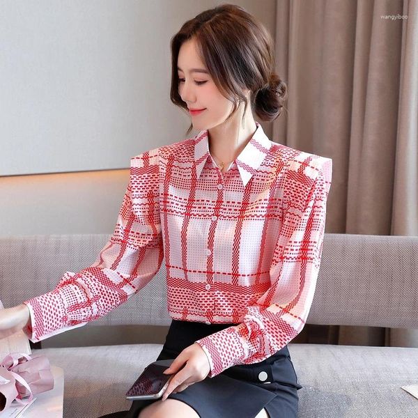 Blusas femininas moda mulher blusa 2024 elegante e juventude vintage camisa xadrez manga inchada topo estilo coreano roupas para mulher
