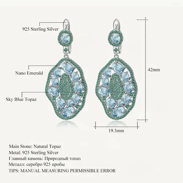 Orecchini pendenti GEM'S BALLET 7,74 ct topazio azzurro naturale nano smeraldo-verde nastro sterling 925 goccia vintage per le donne festa