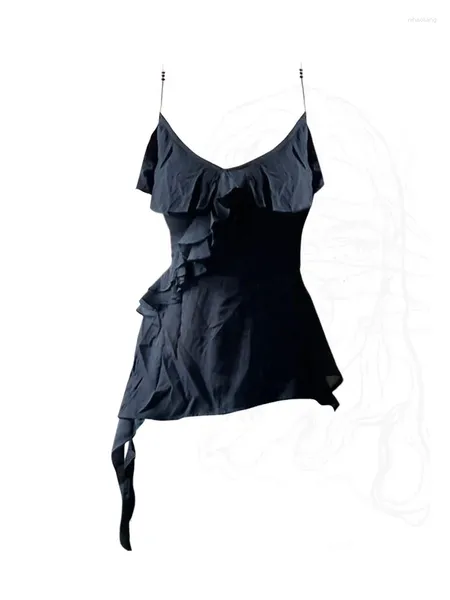 Tanques femininos High Street Preto Regata Alças Colete Ruffle Primavera Verão Elegante Vintage Coquette Ruched Camisole Clássico Clubwear