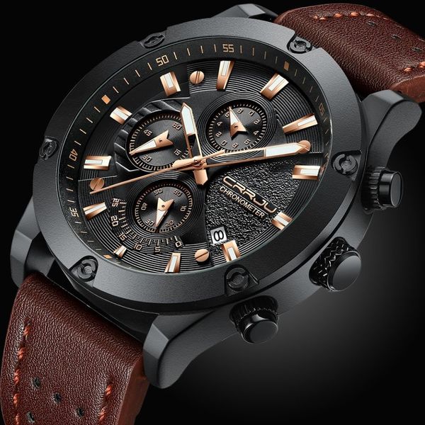 CRRJU Orologio da uomo di moda Nuovo design Cronografo Big Face Orologi da polso al quarzo Orologi da uomo in pelle sportiva all'aria aperta orologio uom2426