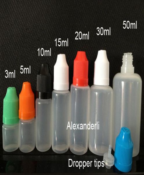 Bottiglie contagocce in PE colorate 3 ml 5 ml 10 ml 15 ml 20 ml 30 ml 50 ml Punte dell'ago con cappuccio colorato a prova di bambino Punta contagocce affilata in plastica Eliqu2490337