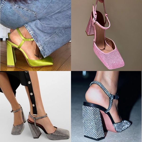 Amina Muaddi Elbise Ayakkabı Kadınları Charlotte Square Head Thunky High Topuk Tasarımcı Lüks Patent Deri Rhinestone Saten Finish Crystal Moda Pompaları Sandal Boyutu 35-42