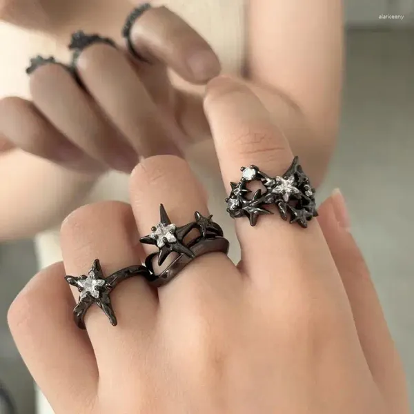 Кольца кластера Kpop готические эстетические металлические циркониевые звезды в стиле панк черное кольцо для женщин и мужчин винтажные нерегулярные открытые ювелирные аксессуары в стиле гранж