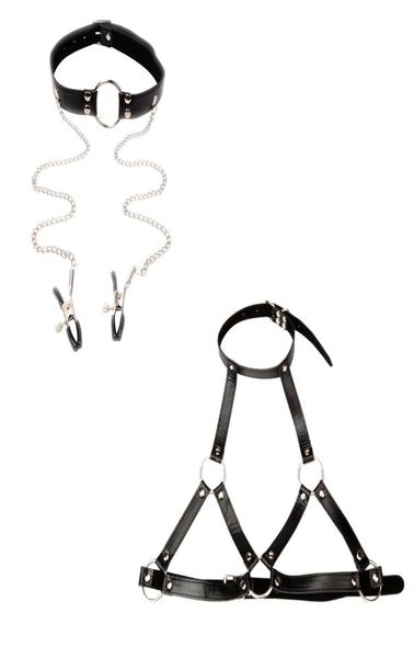 Novo design conjunto de equipamentos de bondage boca mordaça cabeça arnês com grampos de mamilo e arnês de contenção de peito couro falso traje erótico b032567522