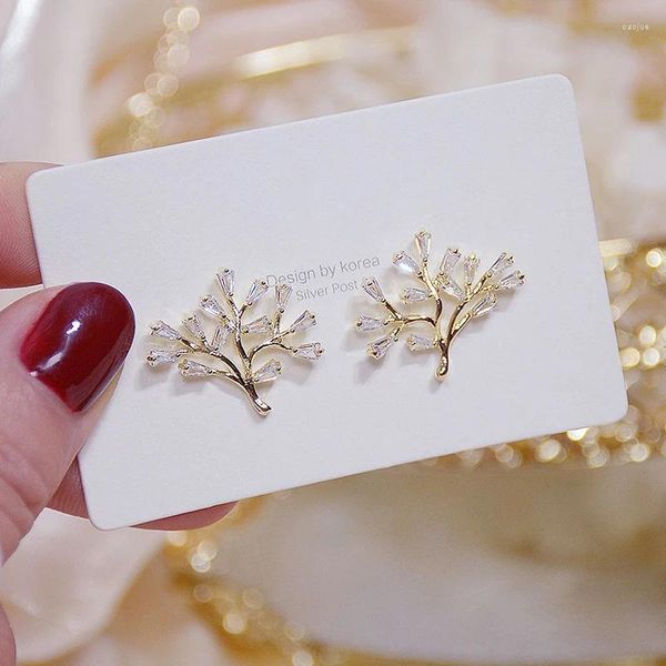 Orecchini a bottone Corea che vende gioielli di moda Squisito oro reale 14K Albero della vita Elegante festa di nozze per donna