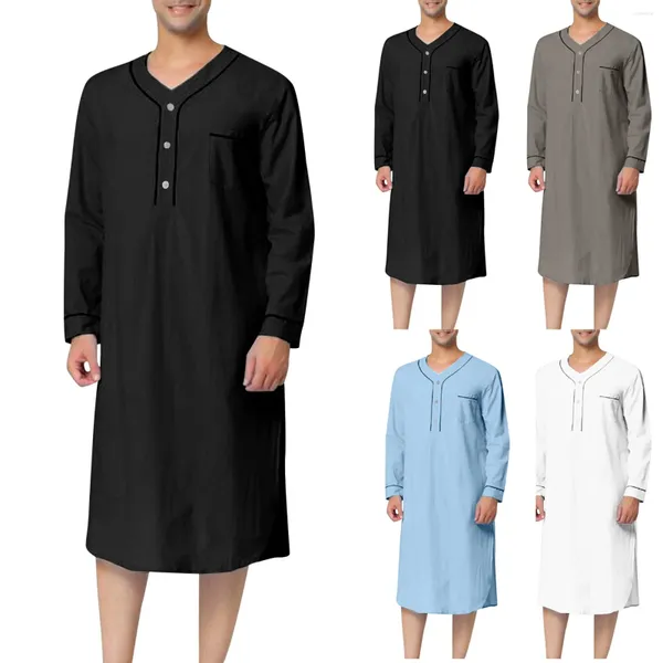 Ethnische Kleidung 2024 Baumwolle Herren Schlafmäntel Langarm Einfarbig Nachthemd V-Ausschnitt Freizeit Herren Bademäntel Komfort Homewear Lose Pyjamas