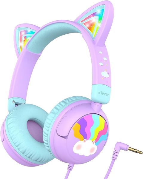 iClever Cuffie per bambini Cat Ear, Illuminazione a LED, Volume sicuro 85 dBA, Cuffie per bambini con audio stereo per viaggi e scuola, Cavo pieghevole da 3,5 mm per tablet iPad