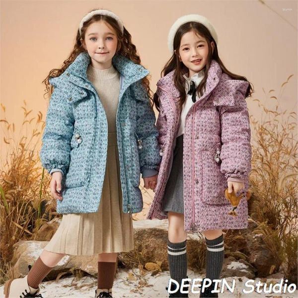 Piumino per bambini Parka Snow Warm 2024 Girl's Kid Winter Fashion Plaid con cappuccio bianco Duck Jacket Kids Outwear antivento