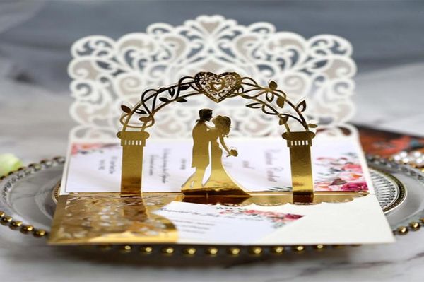 Cartões de convite de casamento 3D ouro metálico laser oco para fora convites pop-up reflexivos para noiva e noivo para aniversário de noivado 2260161
