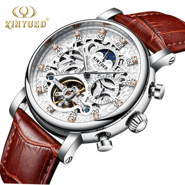 Uhren Kinyued Skeleton Automatic Watch Men Sun Moon Phase wasserdichte Herren Tourbillon Mechanische Uhren Top -Marke Luxus -Armbanduhr
