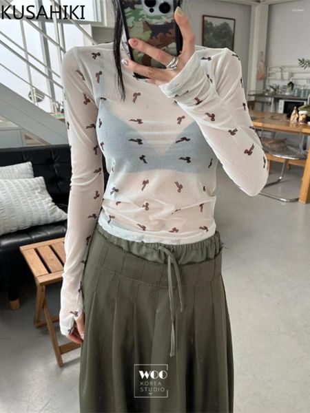 T-shirt da donna KUSAHIKI Versione coreana Stampa con fiocco Maglia elastica Prospettiva Collo alto Camicia a maniche lunghe T-shirt Spicy Girl Y2k Top