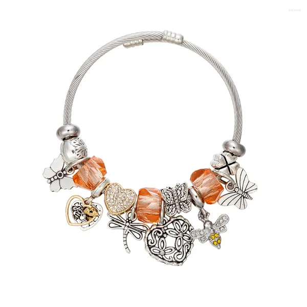 Charme pulseiras viovia design pulseiras de aço inoxidável borboleta abelha animais pingente encantos frisado pulseira jóias fazendo presente dos namorados