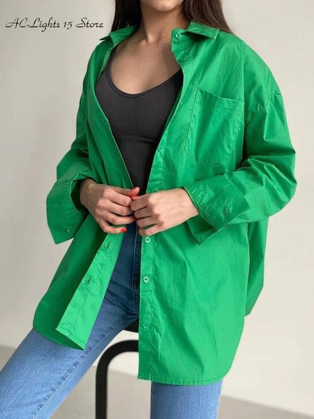 Blusas femininas primavera camisa de algodão verde básico solto botão oversize com bolso elegante para mulher 2024