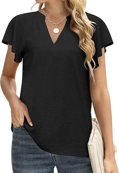 Damen Business Casual Tops Split V-Ausschnitt Rüschenärmel Chiffonblusen Elegante Hemden Lose Tunika Übergroß