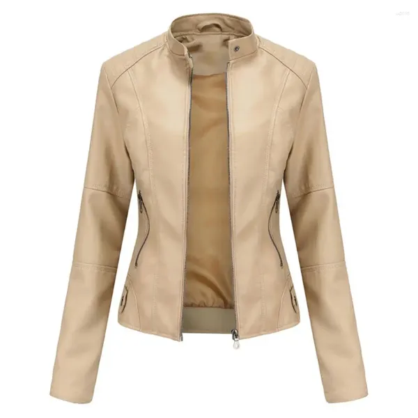 Jaquetas femininas jaqueta de couro falso cor sólida fino ajuste zíper gola fina motocicleta moda casual sobre tamanho outerwear