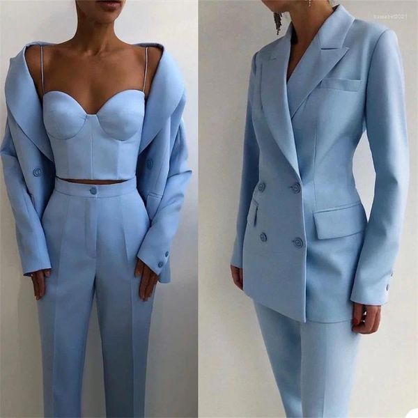 Calças de duas peças femininas botão de linha dupla céu azul noiva mãe calças terno negócios casual formal festa de casamento tailcoat conjunto de 3 peças