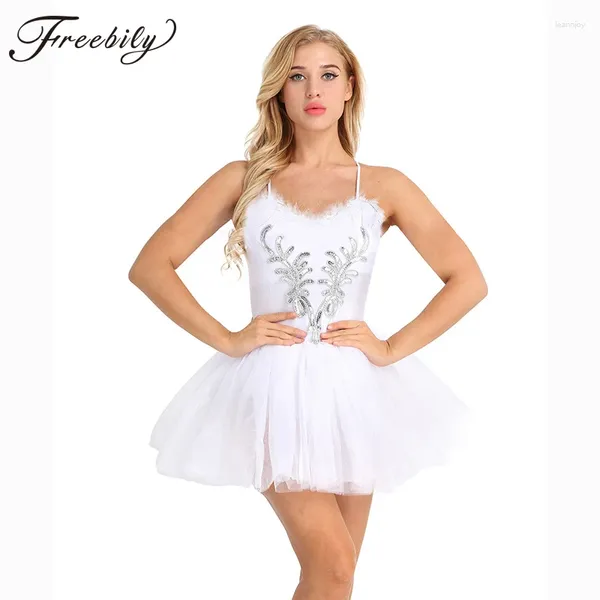 Palco desgaste mulheres profissional ballet tutu vestido branco preto cisne traje collant adulto sem mangas lantejoulas dança