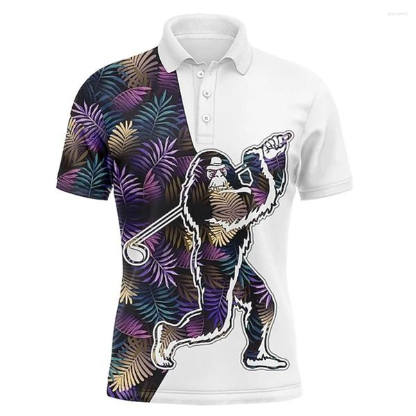 Polos masculinos camisas polo verão esporte golfe 3d impresso macaco padrão homem manga curta tshirts férias lapela botão roupas