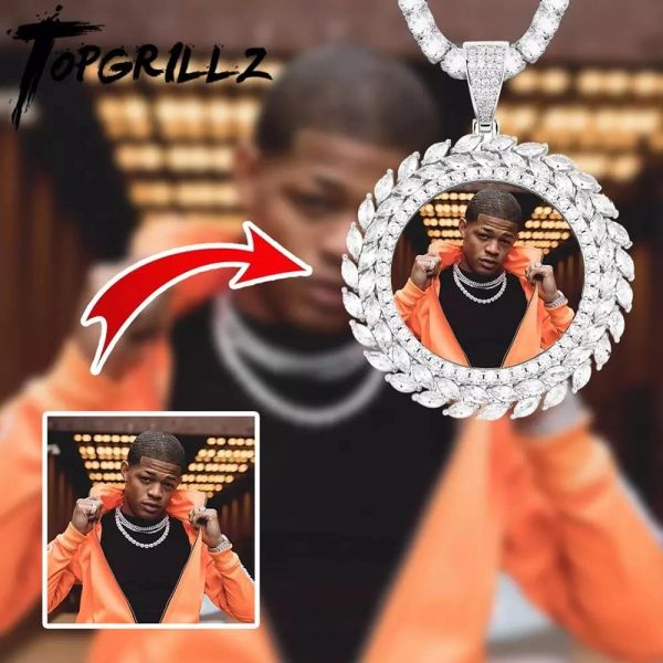 Halsketten Topgrillz Getreide Custom Photo Runde Medaillon Massive Rückenhilfe Halskette mit Tenniskette kubische Zirkon Herren Hip Hop Schmuck Schmuck