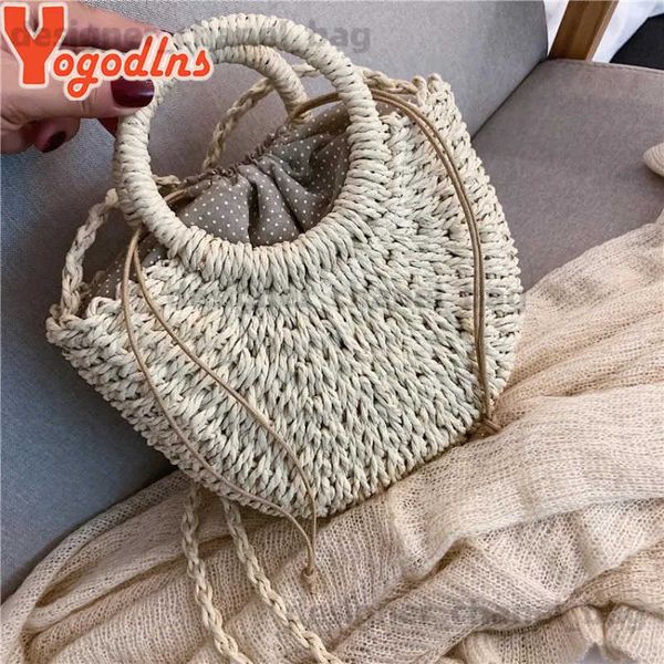 Totes Yogodlns Handmade Half-Round Rattan Tecido Str Bag Verão Mulheres Messenger Crossbody Bags Meninas Pequenas Bolsas de Praia Novo T240221