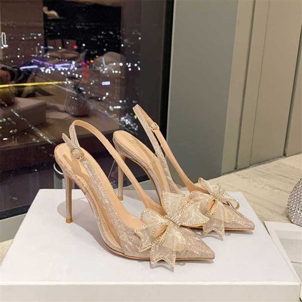 Sandalet yeni stiletto sivri uçlu gelin düğün ayakkabıları ziyafet rhinestone yay baotou arka boş cam tutkal yüksek topuklu 230423