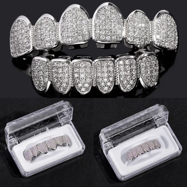 Hip Hop Cube Zircon Dentes Mens Espumante Gelo Ouro e Prata Top e Bottom Dentes Grills Set Role Playing Party Jóias 240220