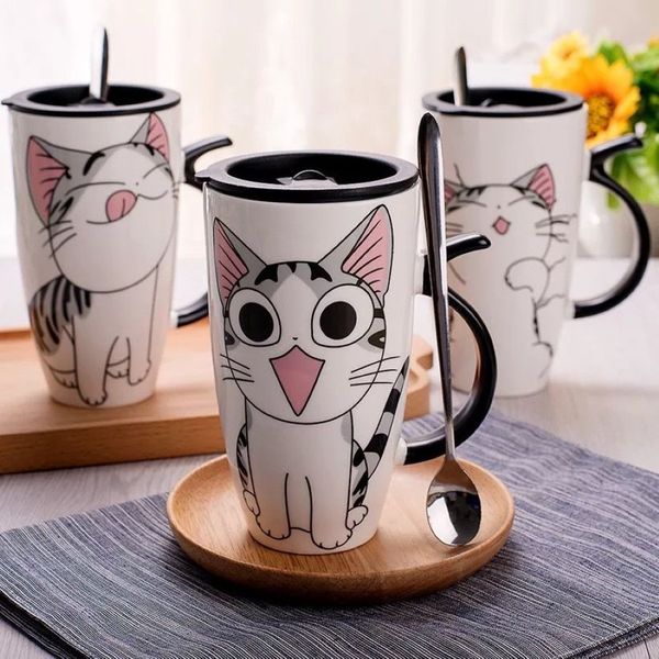 Novo 600ml criativo gato caneca de cerâmica com tampa e colher dos desenhos animados leite café xícara de chá canecas de porcelana presentes agradáveis179s
