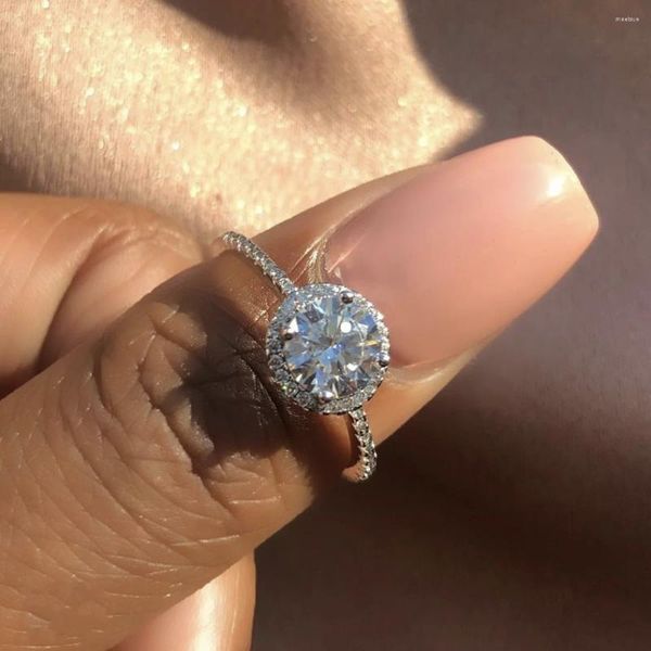 Anelli a grappolo Vero e proprio solido argento sterling 925 1ct diamante rotondo dito solitario semplice sottile per le donne anello di nozze gioielli