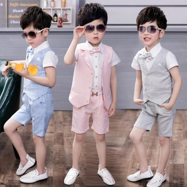 Kleider 4 Stück Sommer Kinder Kleidung Sets Weste Hosen Formelle Jungen Hochzeitsanzüge Kleider Kinder Smoking Set Gentleman Junge Schuloutfits