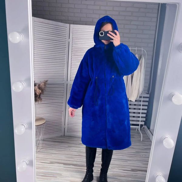 Ratos mingmingxi loja inverno longo oversized quente grosso azul fofo casaco de pele do falso feminino com capuz 2022 solto casual estilo coreano moda