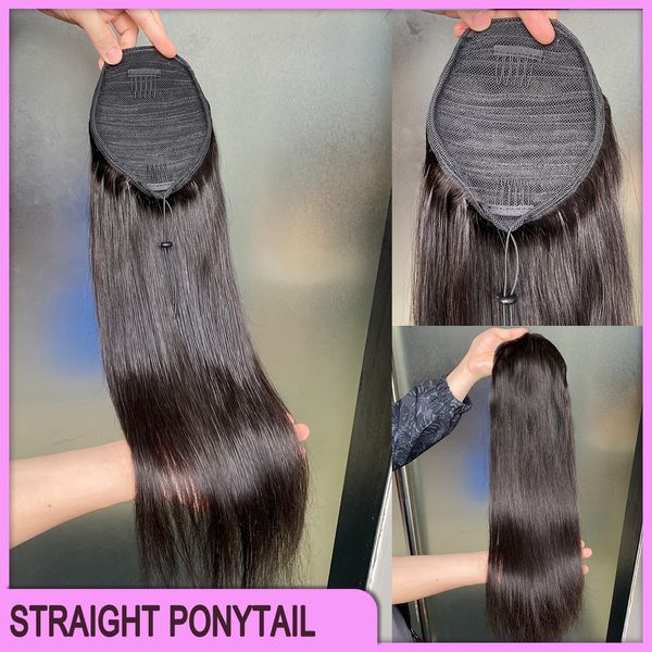 Alta qualidade peruano malaio cabelo indiano natural preto sedoso em linha reta rabo de cavalo extensões de cabelo 100% cru virgem remy cabelo humano