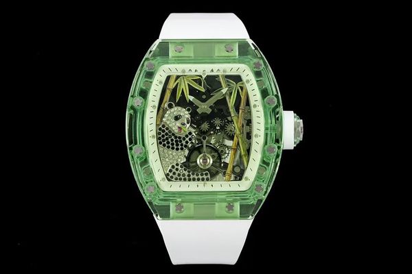 2024 neue Damenuhr Panda Eats Golden Bamboo Crystal RM26-01 Tourbillon Lünette, Mittelgehäuse und Gehäuseboden funkelndes Kristallglas. Doppelte durchbrochene Grundplatte