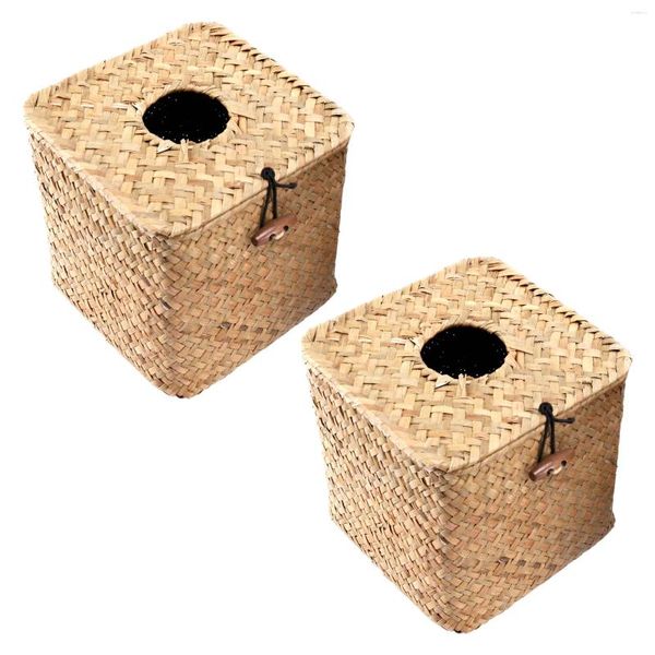 Bolsas de jóias 2 pacote quadrado seagrass caixa de tecido facial - suporte de papel tecido decorativo guardanapo dispensador capa de palha