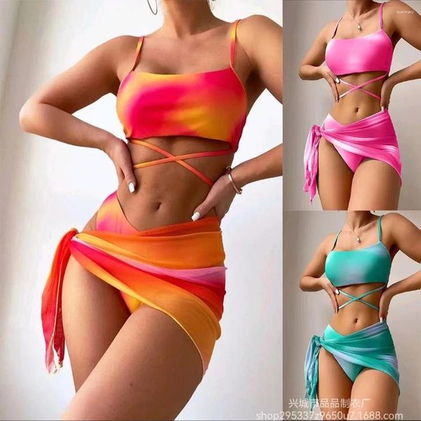 Mulheres Swimwear 2024 Europeu e Americano Sexy Impresso Tie-Dye Split Bikini Moda Cor Bloqueada Maiô Terno de Banho