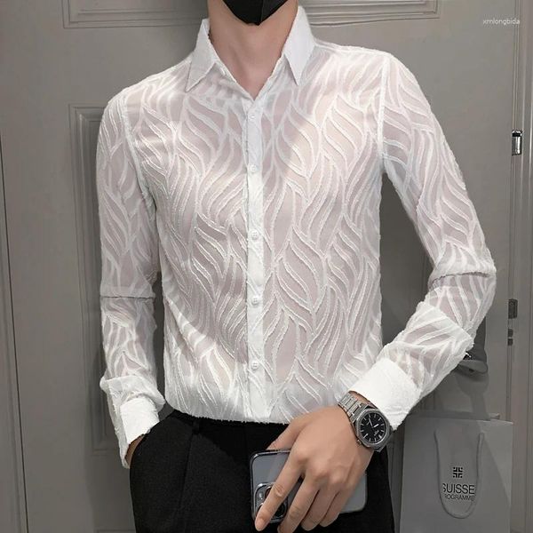 Erkek sıradan gömlekler 2024 Erkekler Fishnet Clubwear Slim Fit Uzun Kollu Seksi Dantel Gömlek Partisi Etkinlik Prom Şeffaf Kemez