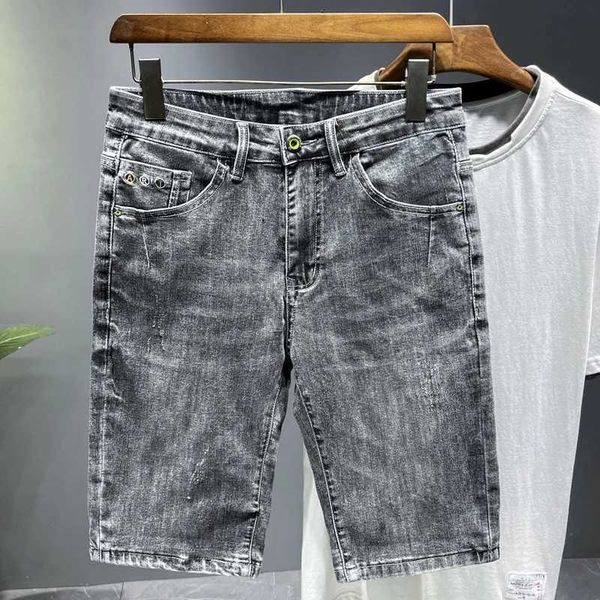 Shorts masculinos 2022 verão nova fumaça cinza denim shorts moda coreana elástico fino ajuste puro algodão shorts dos homens roupas de marca j240219