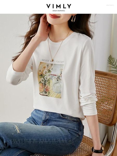 Damen T-Shirts VIMLY Baumwolle Pullover T-Shirt Langarm Weiß Top 2024 Frühling Herbst Lässig Gerade Rundhals Bedrucktes T-Shirt