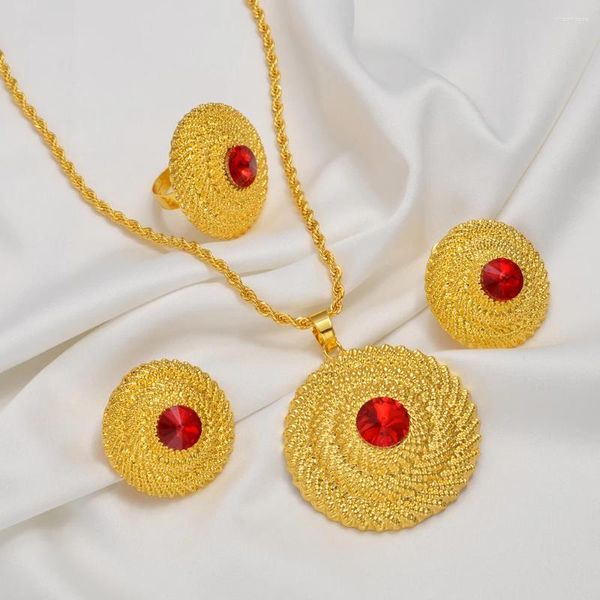 Halskette Ohrringe Set Anniyo äthiopisch ROT/BLAU/GRÜN Anhänger Halsketten Ringe Habesha eritreische afrikanische Heirat Mitgift #193216