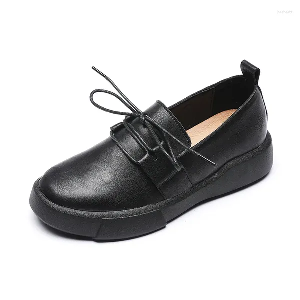 Sapatos de vestido preto marrom vintage couro genuíno casual mulher primavera outono dedo do pé redondo apartamentos oxford para mulheres plataforma plana