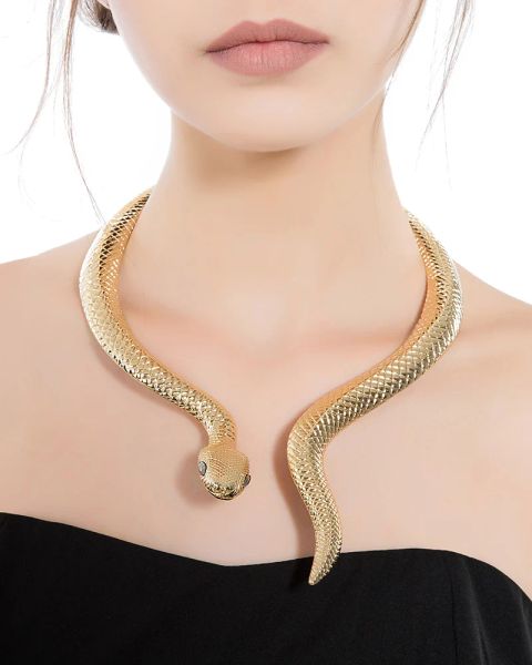 Torques Schlange mit gebogenem Stab-Design aus Legierung, Halsband-Choker-Halskette für Frauen, Imitat-Perlen-Statement-Halskette, Party-Schmuck UKMOC